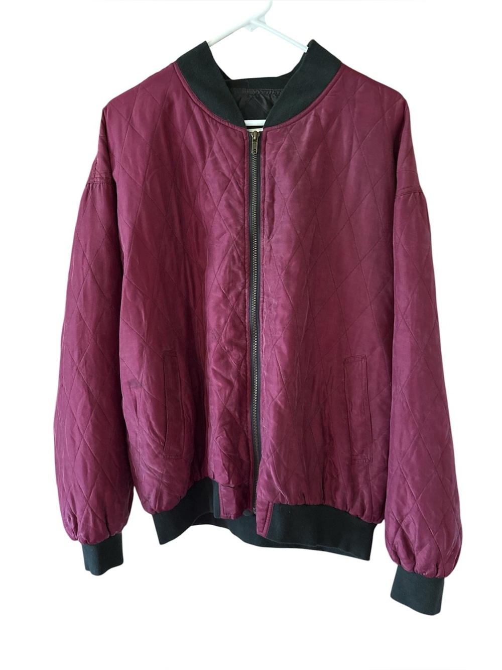 Vintage Bogari Quilted Burgundy Bomber Jacket Black Trim medium 100% silk retro